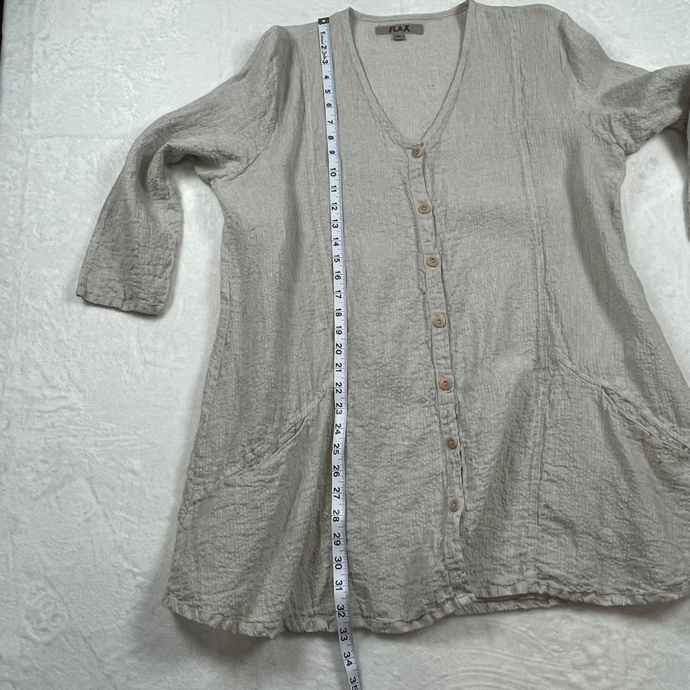 Flax Womens 100% Linen Button Front Tunic Top Beige Oatmeal Lagenlook Pockets M - Picture 7 of 9